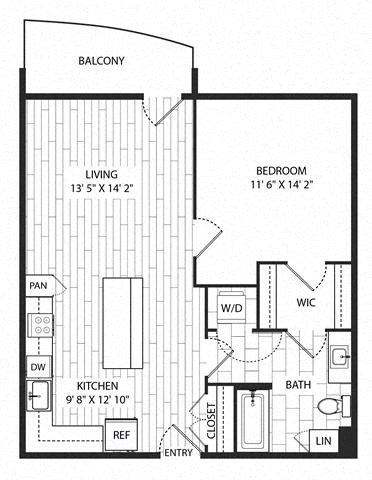 Floor plan for 1 bed, 1 bath, 762 sqft